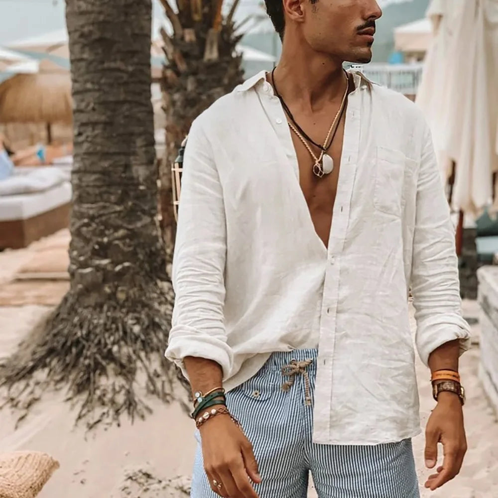 Threebooy  Men's Long Sleeve Shirt Spring Summer Lightweight Beach Shirts Turn-down Collar Simple Basic Style Single Breasted Top