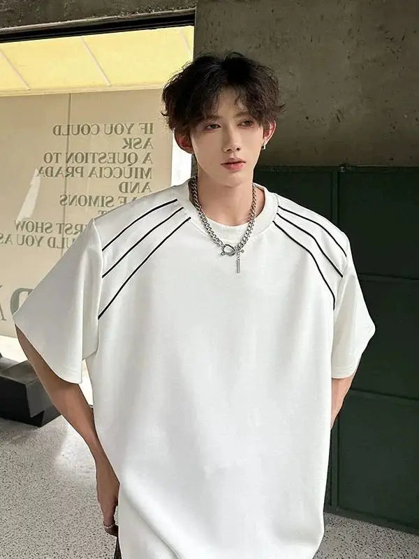 Threebooy  Deconstructed Line Short-sleeved T-shirt Men's Summer Design Sense High-end High Street Fashion Brand Handsome Five-point