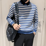 Threebooy  Fake 2 Pieces Shirt Neck Stripe Knitting Sweaters/Male Slim High Quality Casual Pullover/Man Fashion Knit Shirt Size S-4XL