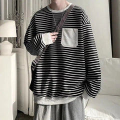 Threebooy Men Trendy Striped Patchwork Streetwear Y2K Oversize Basic T-shirt Japanese Style Round Neck Long Sleeve Cotton Tops Ropa Hombre