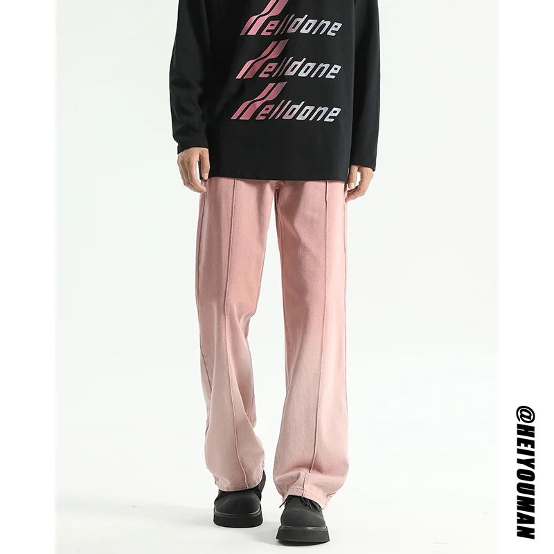 Threebooy Pink Jeans Men Fashion Retro Black Casual Jeans Men Streetwear Hip-hop Loose Straight Jeans Mens Vintage Denim Trousers