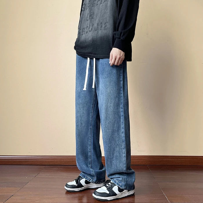 Threebooy  Streetwear Men's Elastic Waist Wide Leg Baggy Jeans Korean Fashion New Autumn Retro Oversize Jeans Male Drawstring Design Pants