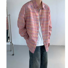 Threebooy Autumn Long Sleeved Shirt Men Fashion Color Plaid Shirt Men Streetwear Korean Loose Casual Shirt Mens Oversized Vintage Shirts