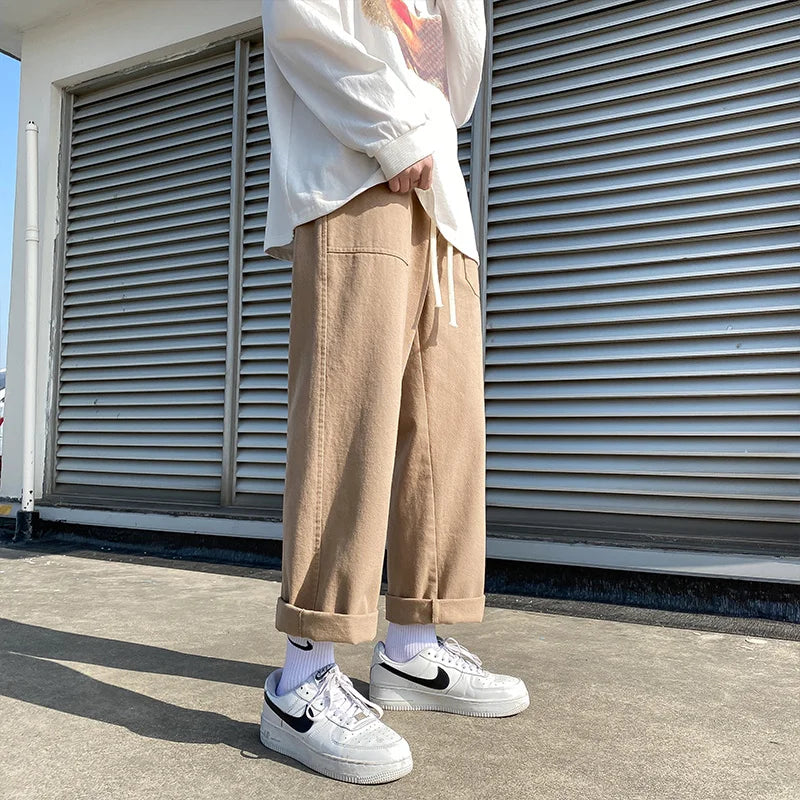 Threebooy  Beige/Khaki/Black Casual Pants Men Fashion Cotton Straight Pants Men Streetwear Loose Hip Hop Wide Leg Pants Mens Trousers S-2XL