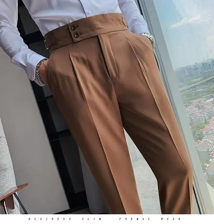 Threebooy Nadir Coffee Color Men's Trousers Classic Trendy Paris Button Single Pleat Slims Smooths Your Silhouette Business Casual Pants