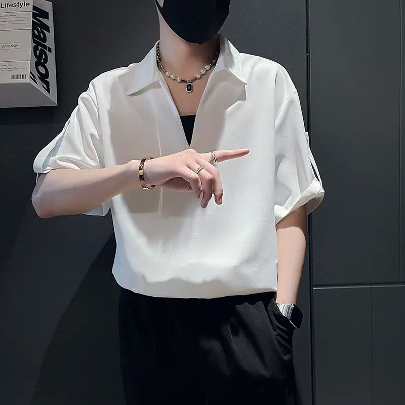 Threebooy  High-end Handsome Thin Casual and Personalized Five-point Sleeve POLO Shirt Men's Summer Trendy Niche Fashion Versatile Shirt