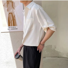 Threebooy Simple Korean Short Sleeved Men Summer Solid White Shirt Lapel Button Pocket Harajuku Fashion Trendy Loose Casual Thin Male Top