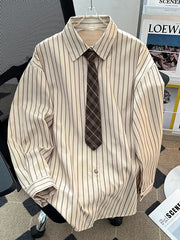 Threebooy  Retro Striped Men's Shirt Jacket Loose Fit Long Sleeve with Tie Spring Autumn Design Polyester Fiber Versatile All Seasons