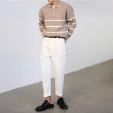 Threebooy Men's Autumn Winter Striped Half-Zip Long-Sleeved Knitted Sweater New Trendy Casual Loose Comfortable Color-Blocked Sweater