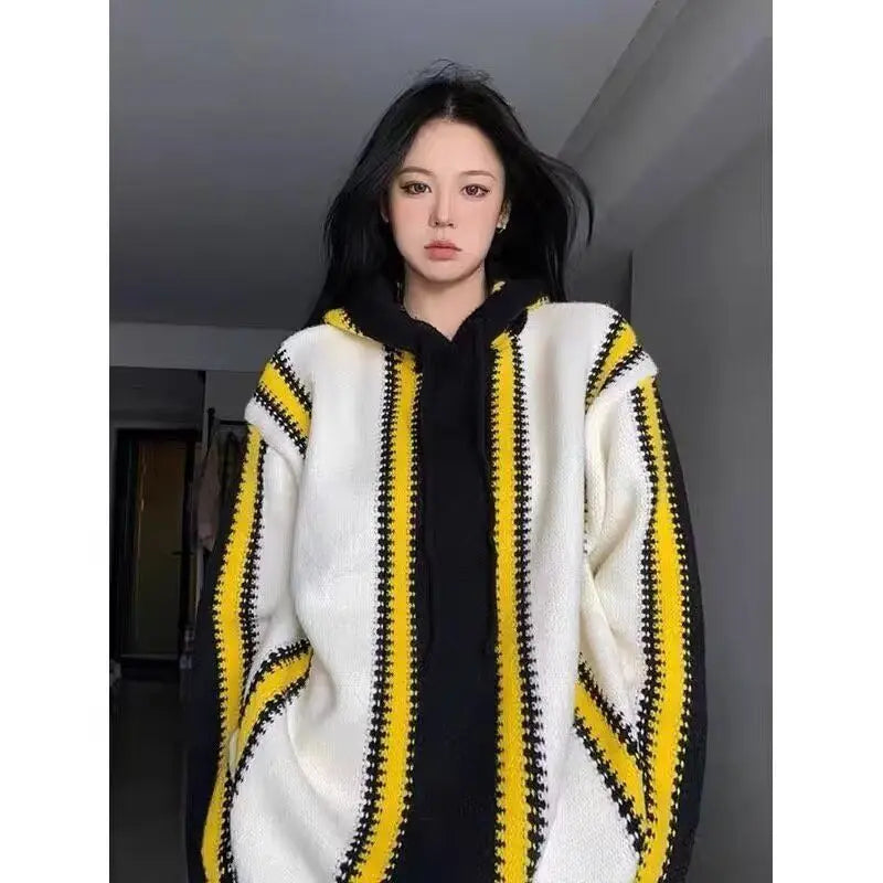 Threebooy Korean street style men and women trendy color blocked striped hooded sweater for couples autumn and winter loose retro casual