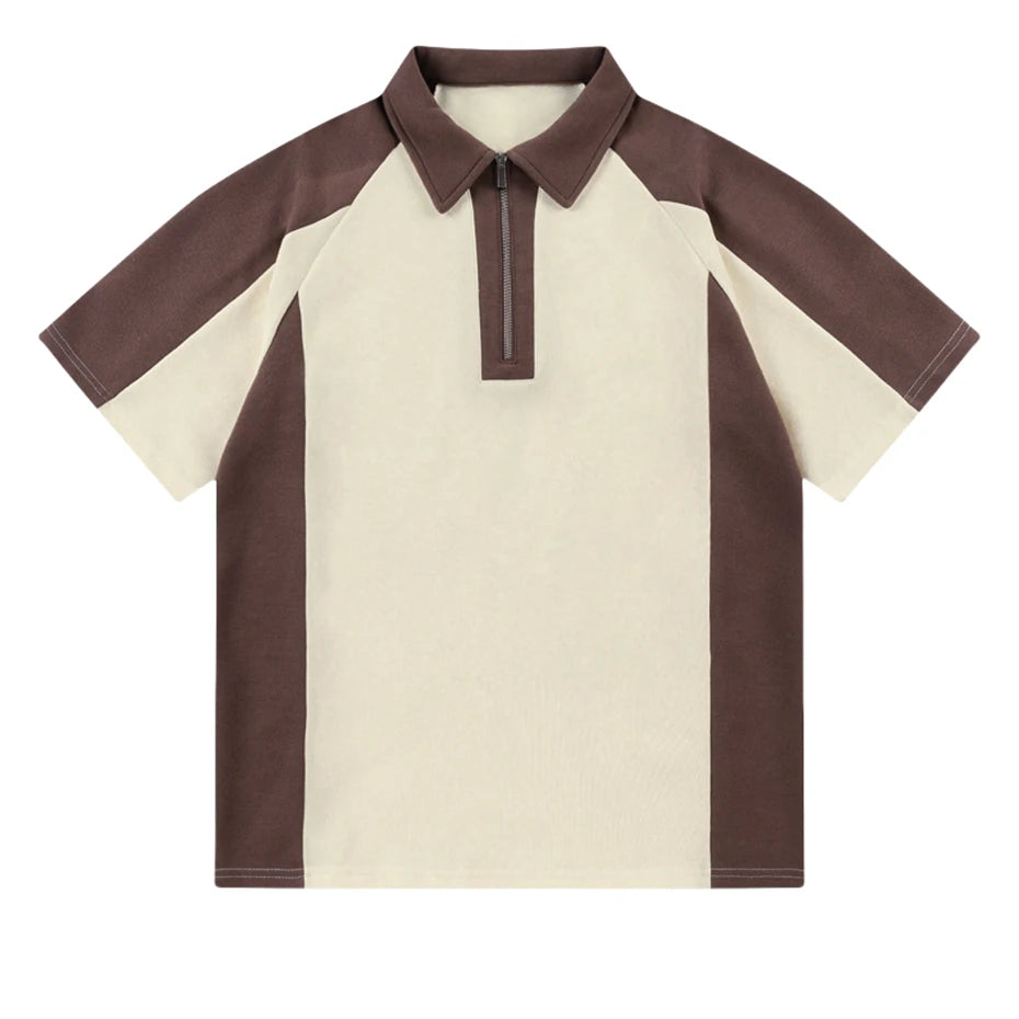 Threebooy Vintage Splicing Polo Shirts Men Streetwear Hip Hop Half Zipper Sport Tshirt Harajuku Loose Casual Short Sleeve Tees Tops Unisex