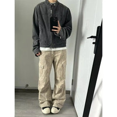 Threebooy  Punk Gray Denim Jacket Men's American Retro Heavy Industry Coat Metal Design Stand Collar Old Washed Short Spliced Street Jacket