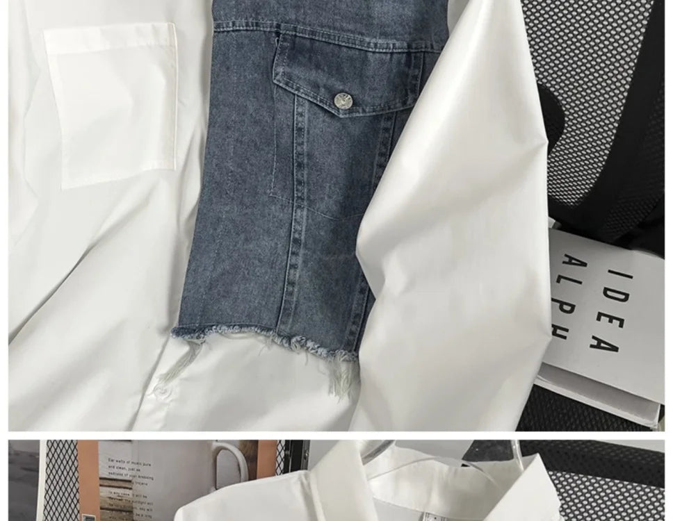 Threebooy Japanese High-end Denim Jacket Spliced Long-sleeved Shirt Men's Niche Design Sense High Street Couple Loose Casual White Shirt