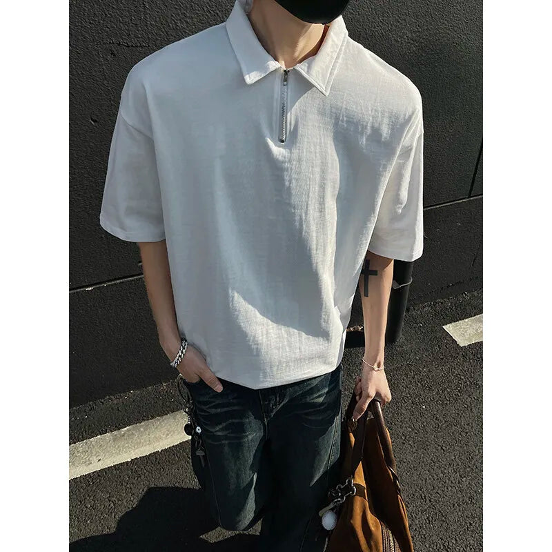 Threebooy  Mens tshirt Loose Fit Half Zip Polo Collar Solid Color Summer T Shirt New Casual  Sports Comfortable Daily Basic Top