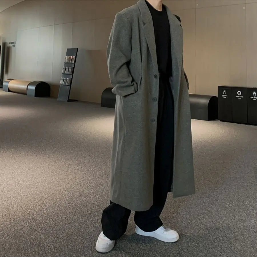 Threebooy Korean High-end Wool Coat Autumn Winter Japanese Fashionable Men Over-knee Mid-length Wool Coat Men Simple Streetwear