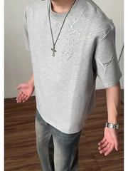 Threebooy Flower Grey Lightning Embroidered Short-sleeved Men's 2025 Summer Versatile Shoulder T-shirt Five-point Sleeve T-shirt Bottoming