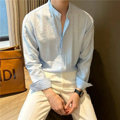 Threebooy  Long-sleeved Stand-collar Pleated Shirt Men's Summer Seaside Vacation Style Casual and Versatile Solid Color Spring Autumn Shirt