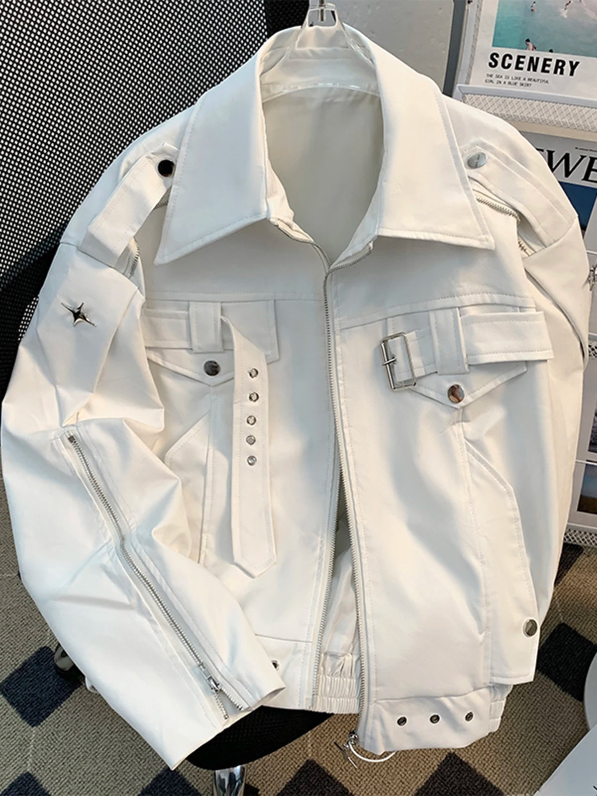 Threebooy Niche Deconstruction Heavy Industry Leather Jacket Spring Autumn Design Loose Punk Streetwear Short Motorcycle Leather Coat