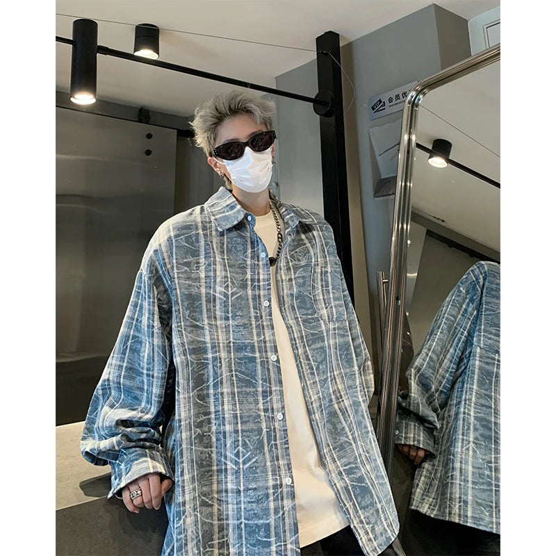 Threebooy Autumn Fashion Men Women Plaid Shirts Oversize Button Up Long Sleeve Tops Korean Loose Casual Outwear Couples Shirt Pink/Blue