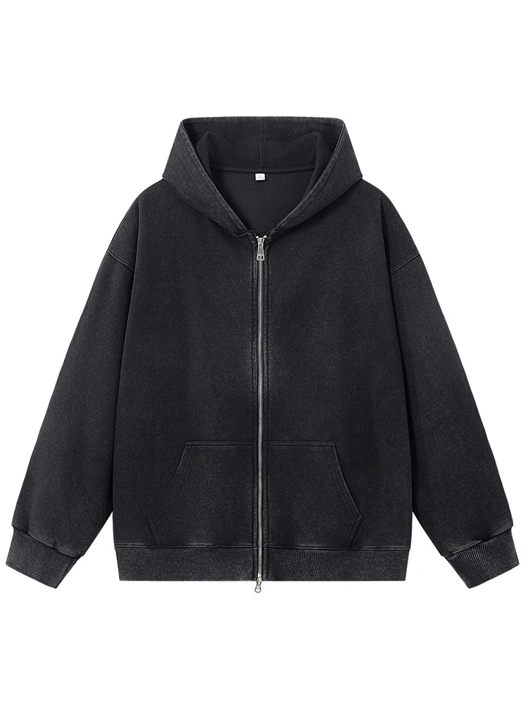 Threebooy Men's Zip-Up Washed Faded Hoodies 330GSM Cotton Polyester Knit Cardigan Tops Street Y2K Oversized Hoody Sweatshirts Unisex