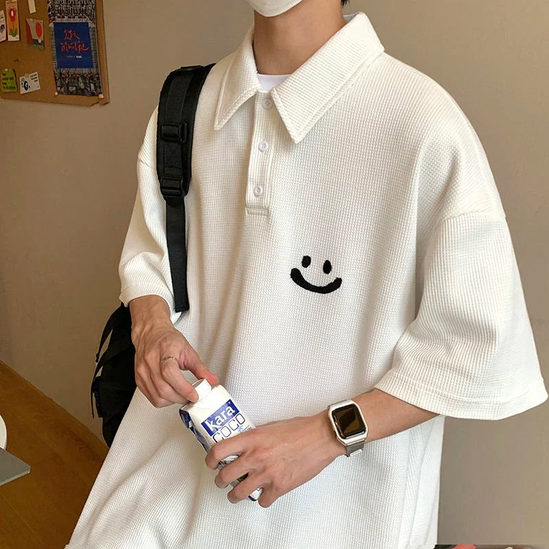 Threebooy Smiley POLO Shirt Oversize Loose Casual All-match Tops Fashion Short-sleeved T-shirt Summer Sports Lapel Men's Clothes Thin