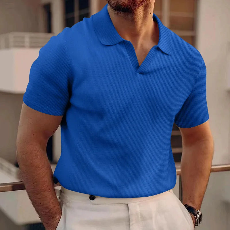 Threebooy  Summer New Polo Collar Casual Fashion Men's Clothing Heavy Waffle Short Sleeve Solid Color Casual V Collar Polo Shirt
