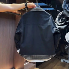 Threebooy  Vintage Fake Two-piece Plaid Jacket Men's 2025 Spring New Spliced Lapel Jacket Handsome Trendy Korean Style Elegant Work Coat
