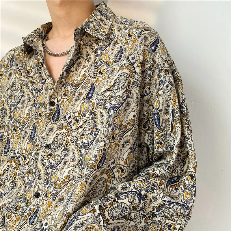 Threebooy Spring Summer New Cashew Flower Print Shirt Korean style Loose Casual Long-sleeved Tee Tops All-Match Blouse Men
