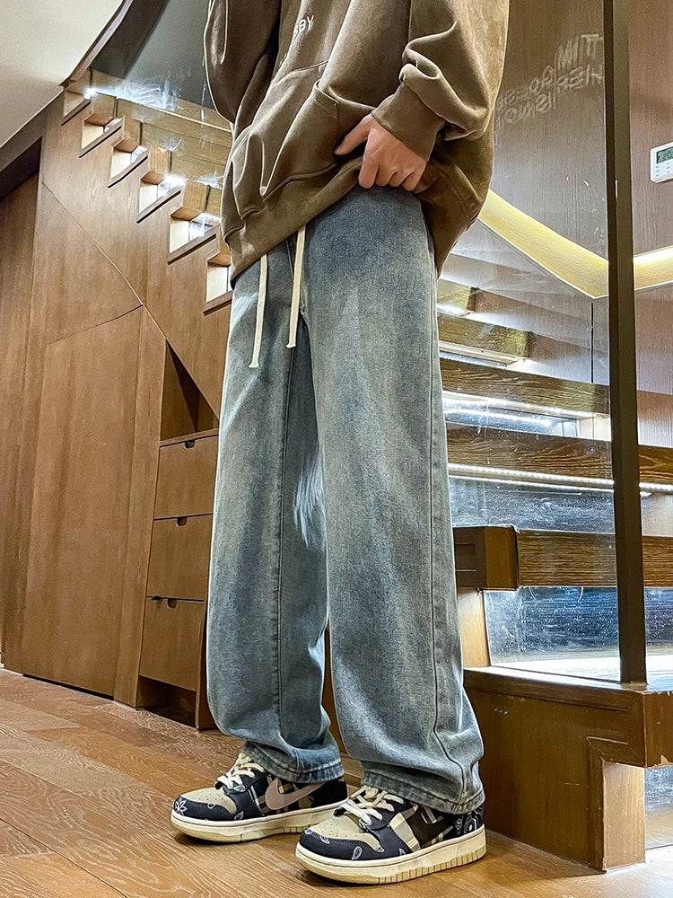 Threebooy  Men's Spring Summer Semi-Wide Leg Jeans Korean Fashion Washed Cotton Casual Denim Pants Black Blue Straight Trousers