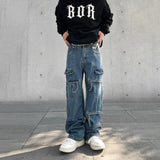 Threebooy Cargo Jeans Men Big Pocket Loose Autumn Vaqueros Pantalones Hombre Streetwear Casual Blue Trousers Y2k Baggy Winter Denim Pants