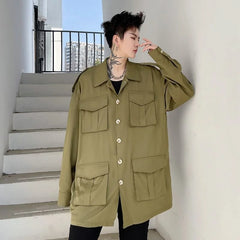 Threebooy Men's Fashion Work Cargo Long Sleeve Shirts Leisure Fashion Youth Handsome Shirts Army Green Color Camisa Masculina M-2XL