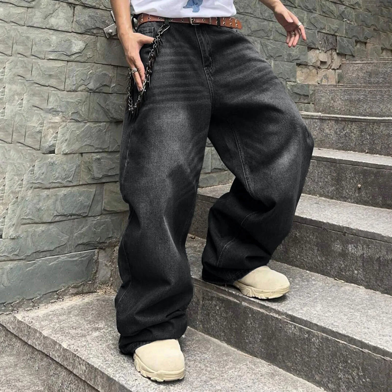 Threebooy Men Baggy Denim Pants Wide Leg High Waist Belt Casual Trousers Loose Plus Size Stylish Streetwear Men's Hip Hop Streetwear