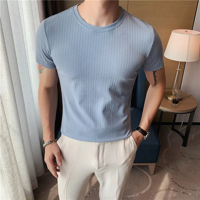 Threebooy New Style Male Summer Slim Fit Round Collar Short Sleeve T-shirt/Mens Fashion Stripe Leisure T-shirt/Man Tops Plus Size 4XL