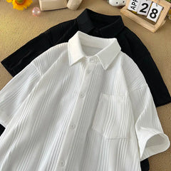 Threebooy  Summer Short Sleeved Shirt Men Black White Casual Shirt Men Streetwear Korean Loose Pleated Shirt Mens Ice Silk Shirts 4XL