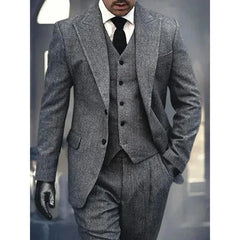 Threebooy  3 Pieces Men's Grey Herringbone Suits Formal Slim Fit Peak Lapel Tweed Prom Tuxedos for Wedding Groomsmen (Blazer+Vest+Pants)