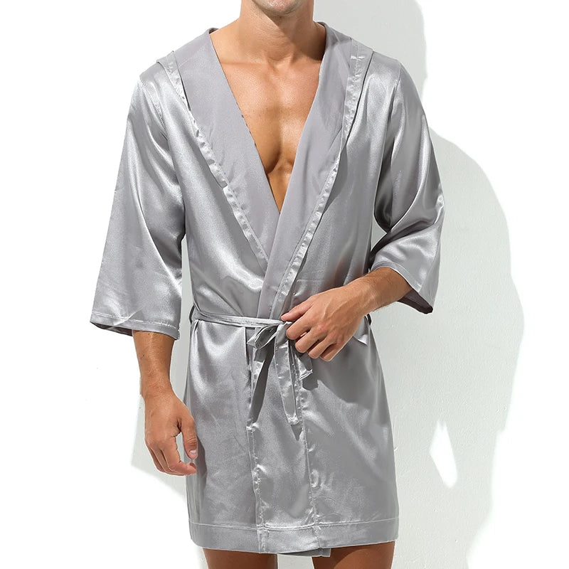 Threebooy  Hot Selling Men Summer Bathrobe Male Silk Short Sleeve Bath Robe Sexy Mens Dressing Gown Bathrobes(No shorts)