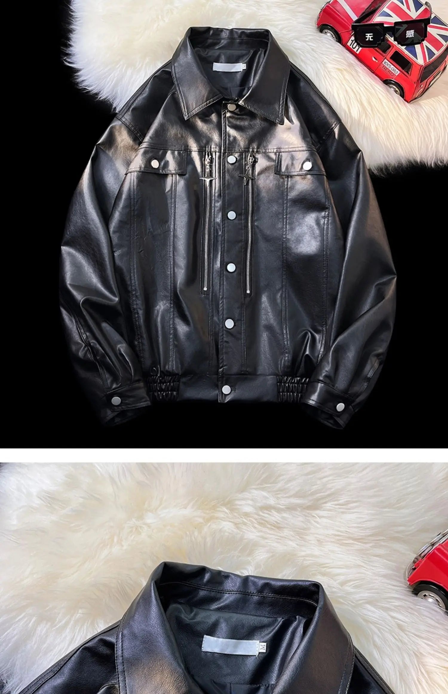 Threebooy Retro Motorcycle Leather Jacket Men's Spring Autumn Pu Jacket Loose Windproof Jackets Zipper Single-breasted Turndown Collar Top
