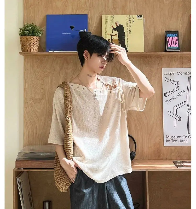 Threebooy Street Punk Shirt Off-shoulder Hollow T-shirt American 2025 New High-end Style Fashionable Casual Loose Short Sleeves