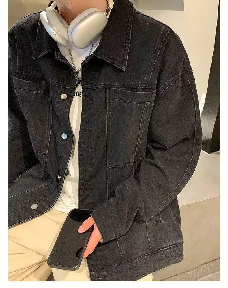 Threebooy Trendy Men's Denim Jacket Autumn Winter, Ripped & Patchwork Design, Oversized Fit, Urban Street Style, Unisex
