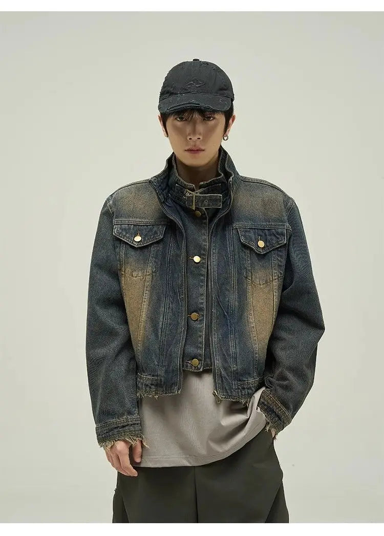 Threebooy Vintage Denim Jacket Man Woman Short Zipper Single Breasted Cowboy Crop Coats Blue Washed Stand Collar Unisex Jeans Outerwear