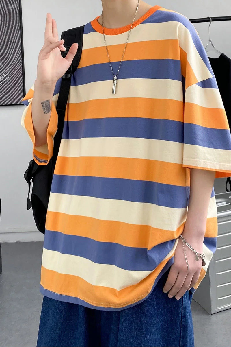 Threebooy Contrasting Color Striped Casual T-shirt Summer All-match Fashion Trend Loose Outfits Short Sleeve O-neck Men's Clothes Oversize