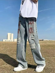 Threebooy  Y2k Streetwear Printed Ripped Hole Jeans Men Wide Leg Denim Baggy Pants Vintage Casual Jeans Straight Trousers