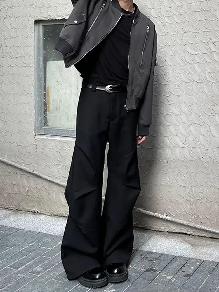 Threebooy  American Style Elastic Waist Loose-fit Casual Trousers 280gm Sensibility Ruffled Wide-leg Pants Men's Tuxedo Pants