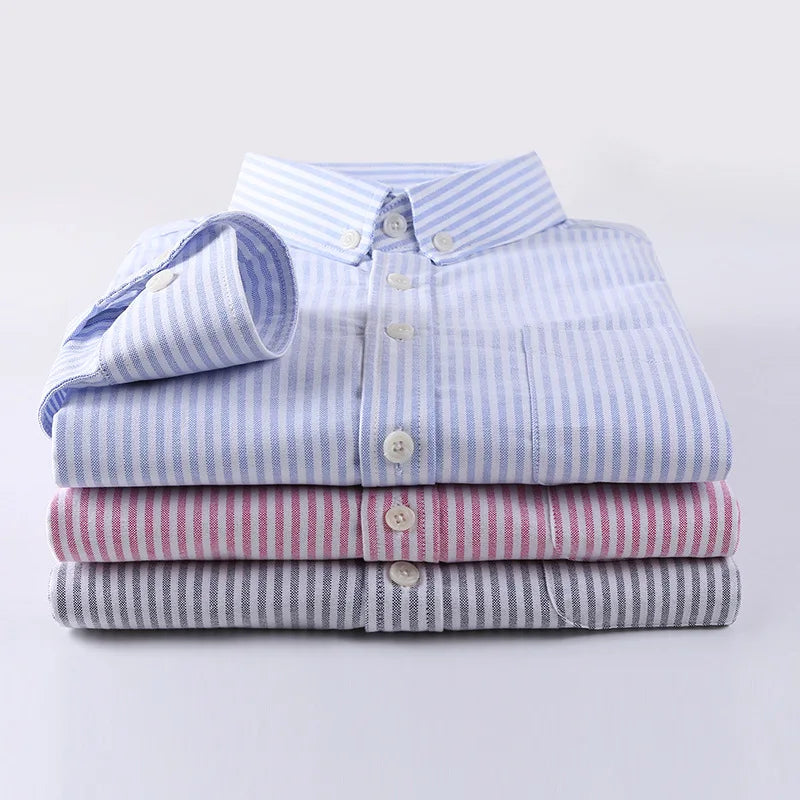 Threebooy  Spring Men Oxford Cotton Shirt Casual Loose Long Sleeve Button Down Shirt Man Simple Collar Stripe Shirt Tops High Quality