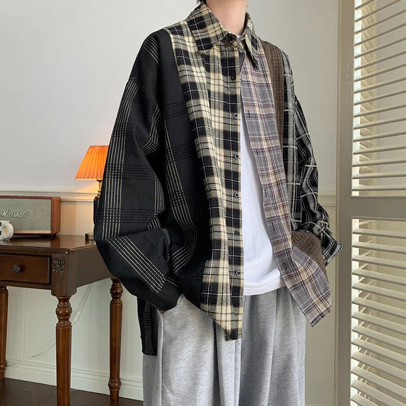 Threebooy Men's Fashion Trend Loose Long Sleeves Hawaiian Shirts Cargo Splicing Plaid Printing Shirts Black Color Camisa Masculina