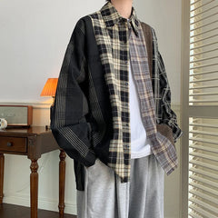 Threebooy Men's Fashion Trend Loose Long Sleeves Hawaiian Shirts Cargo Splicing Plaid Printing Shirts Black Color Camisa Masculina
