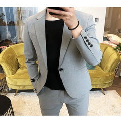 Threebooy  British Style Men's Set Handsome Trendy Fashion Casual Jacket Korean Version Formal Slim Fit Black Suit Wedding