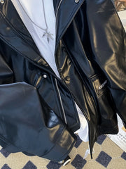 Threebooy Black Pu Leather Jacket Men's Spring Autumn New American Retro Handsome Leather Jacket Loose High-end Motorcycle Suit Aesthetic