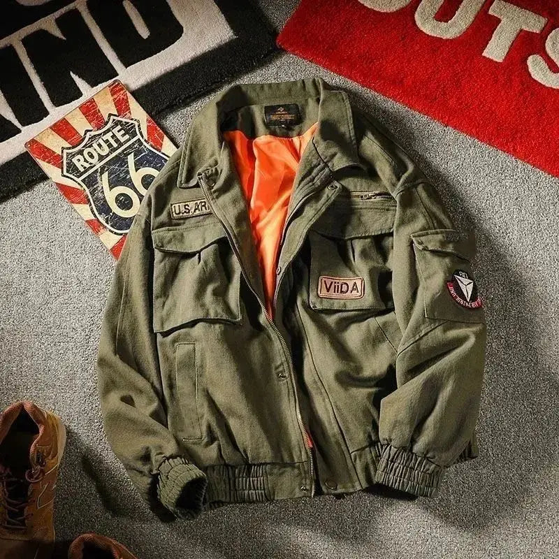 Threebooy Jacket Men's Spring Autumn Tooling Multi-Pocket Casual Zipper Buttons Turndown Collar Loose Air Force Pilot Jackets Coat