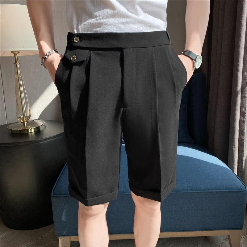 Threebooy  Summer New Elastic Waist Knee Length Business Formal Wear Straight Shorts Men Clothing Simple Slim Fit Casual Short Homme